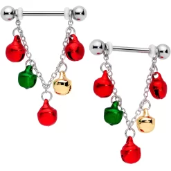 Gaby 14 Gauge 11/16 Red Green Bell Christmas Chain Dangle Nipple Ring Set