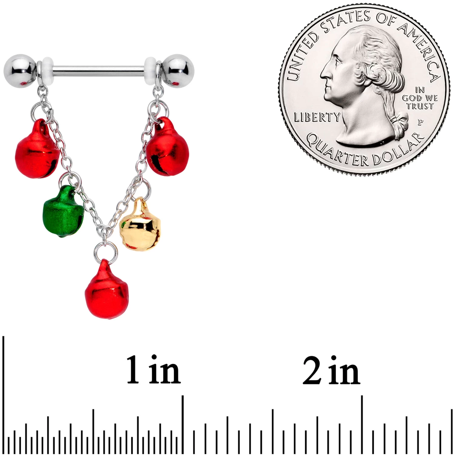 Gaby 14 Gauge 11/16 Red Green Bell Christmas Chain Dangle Nipple Ring Set 2 Gaby 14 Gauge 11/16 Red Green Bell Christmas Chain Dangle Nipple Ring Set - Image 2