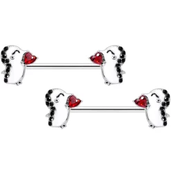 Gaby 14 Gauge 5/8 Red Gem Penguin Heart Valentine Barbell Nipple Ring Set