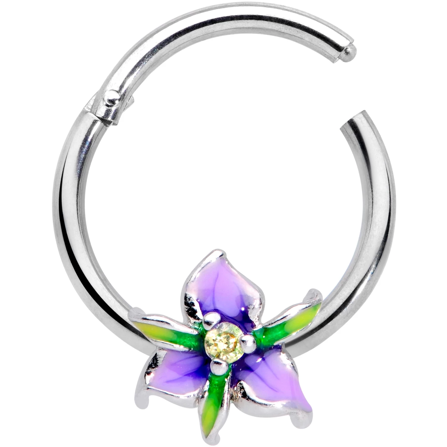 16 Gauge 3/8 Clear Gem Purple Iris Flower Hinged Segment Ring 2 16 Gauge 3/8 Clear Gem Purple Iris Flower Hinged Segment Ring - Image 2