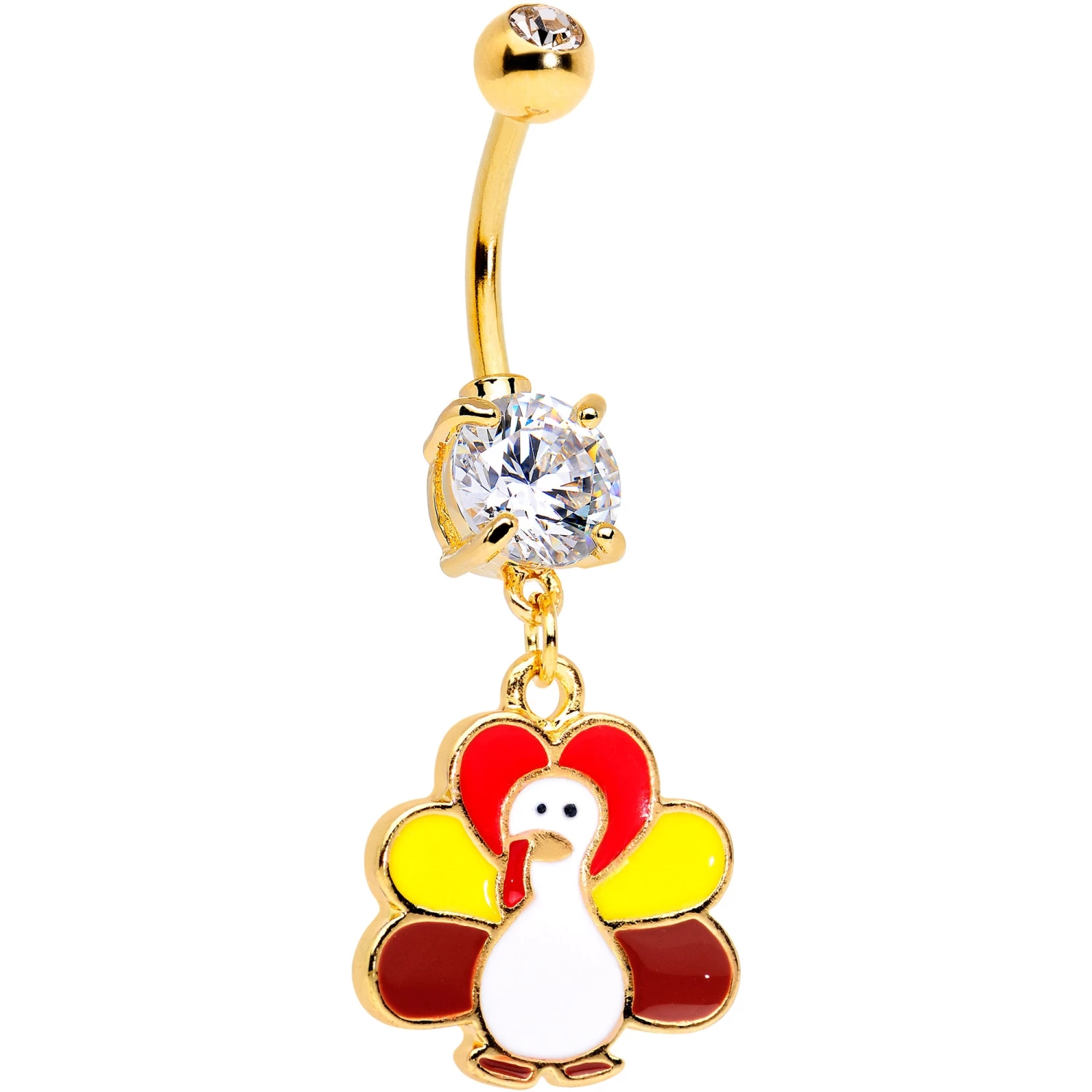 Clear CZ Gem Gold Tone Turkey Time Thanksgiving Dangle Belly Ring 1 Clear CZ Gem Gold Tone Turkey Time Thanksgiving Dangle Belly Ring
