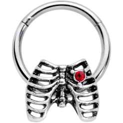 16 Gauge 3/8 Red CZ Gem Heart Skeleton Halloween Hinged Segment Ring