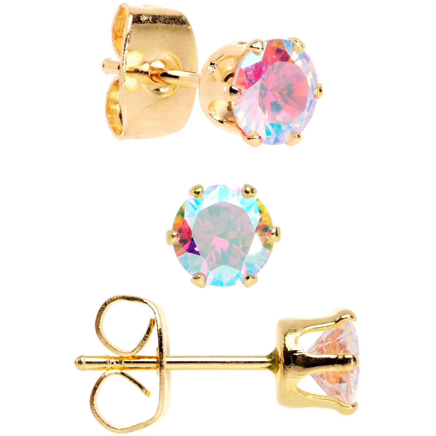 20 Gauge Aurora CZ Gem Gold Tone 3mm To 5mm Post Stud Earring Set Of 3 2 20 Gauge Aurora CZ Gem Gold Tone 3mm To 5mm Post Stud Earring Set Of 3 - Image 2