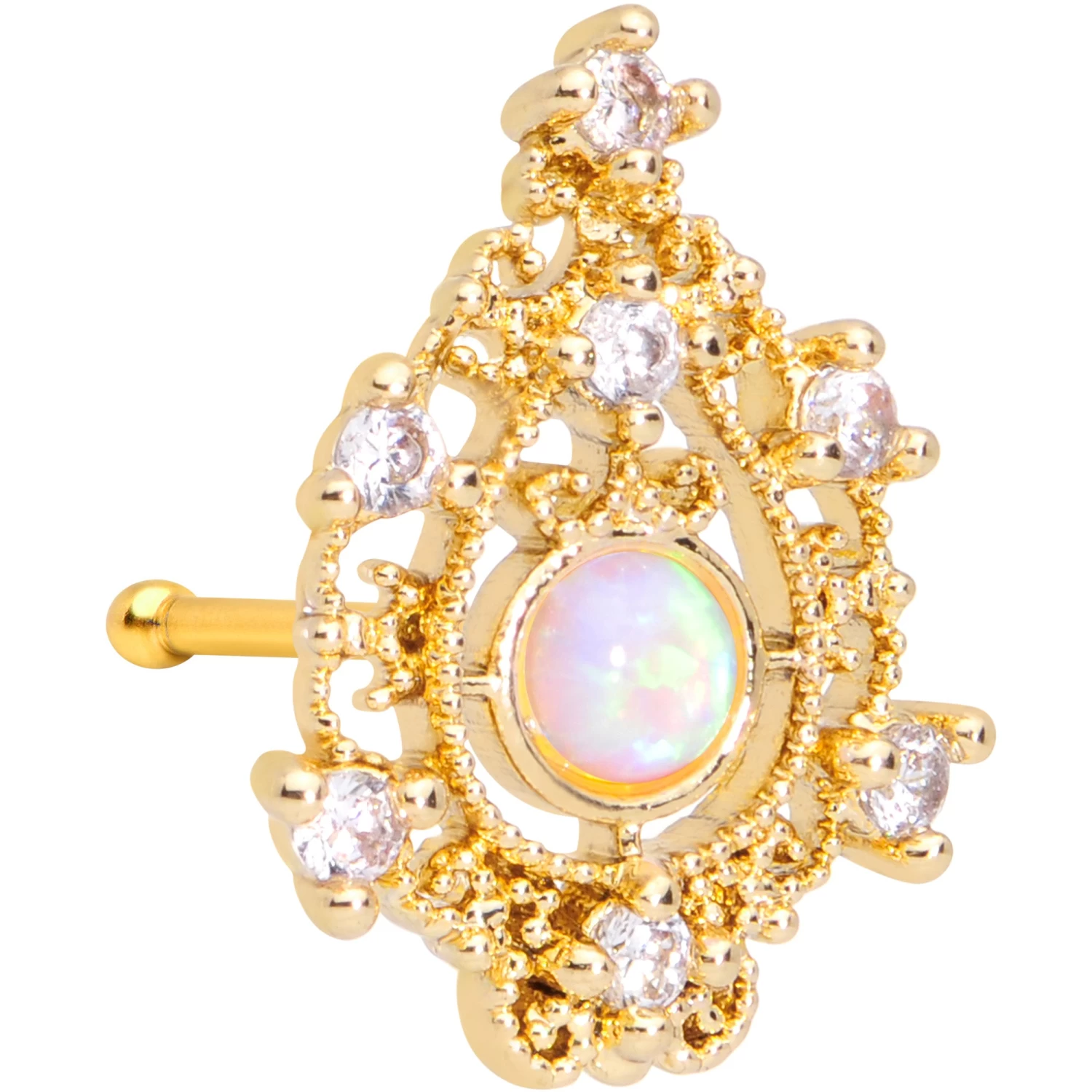 20 Gauge 1/4 White Synthetic Opal Gold Tone Scrolling Oval Nose Bone 1 20 Gauge 1/4 White Synthetic Opal Gold Tone Scrolling Oval Nose Bone