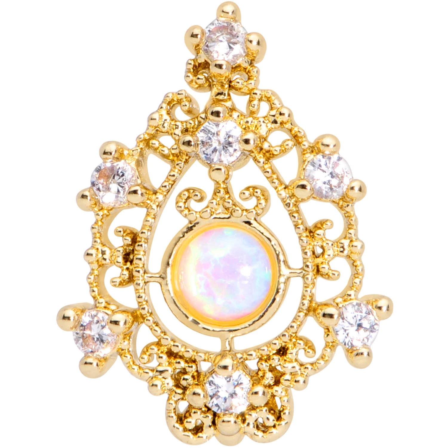 20 Gauge 1/4 White Synthetic Opal Gold Tone Scrolling Oval Nose Bone 2 20 Gauge 1/4 White Synthetic Opal Gold Tone Scrolling Oval Nose Bone - Image 2