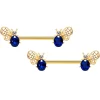 14 Gauge 9/16 Blue Gem Gold Tone Beautiful Bee Barbell Nipple Ring Set