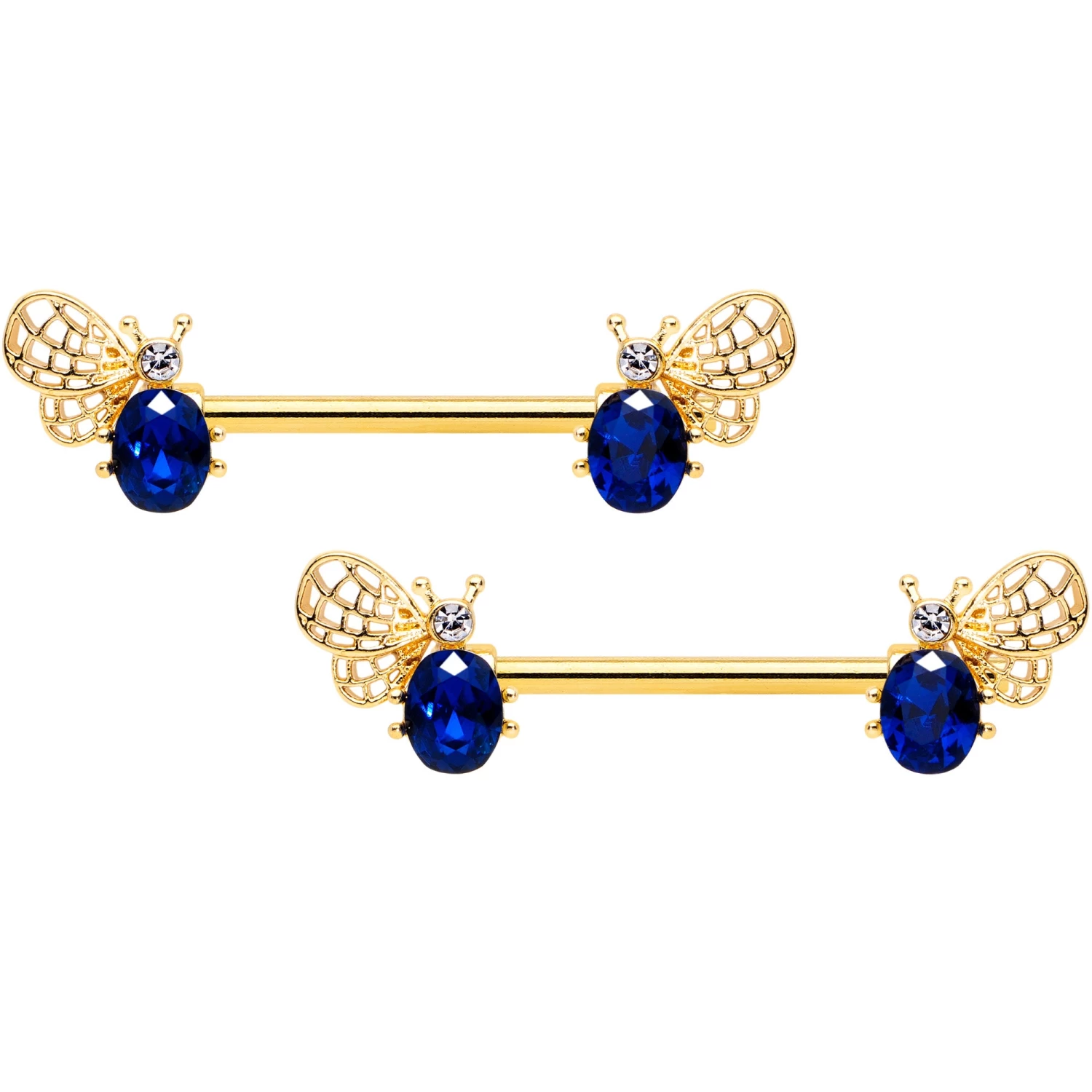 14 Gauge 9/16 Blue Gem Gold Tone Beautiful Bee Barbell Nipple Ring Set 1 14 Gauge 9/16 Blue Gem Gold Tone Beautiful Bee Barbell Nipple Ring Set