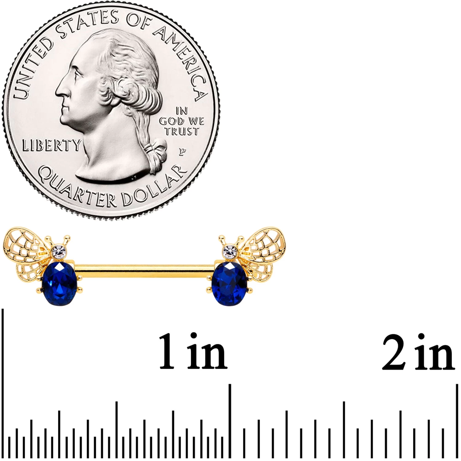 14 Gauge 9/16 Blue Gem Gold Tone Beautiful Bee Barbell Nipple Ring Set 2 14 Gauge 9/16 Blue Gem Gold Tone Beautiful Bee Barbell Nipple Ring Set - Image 2