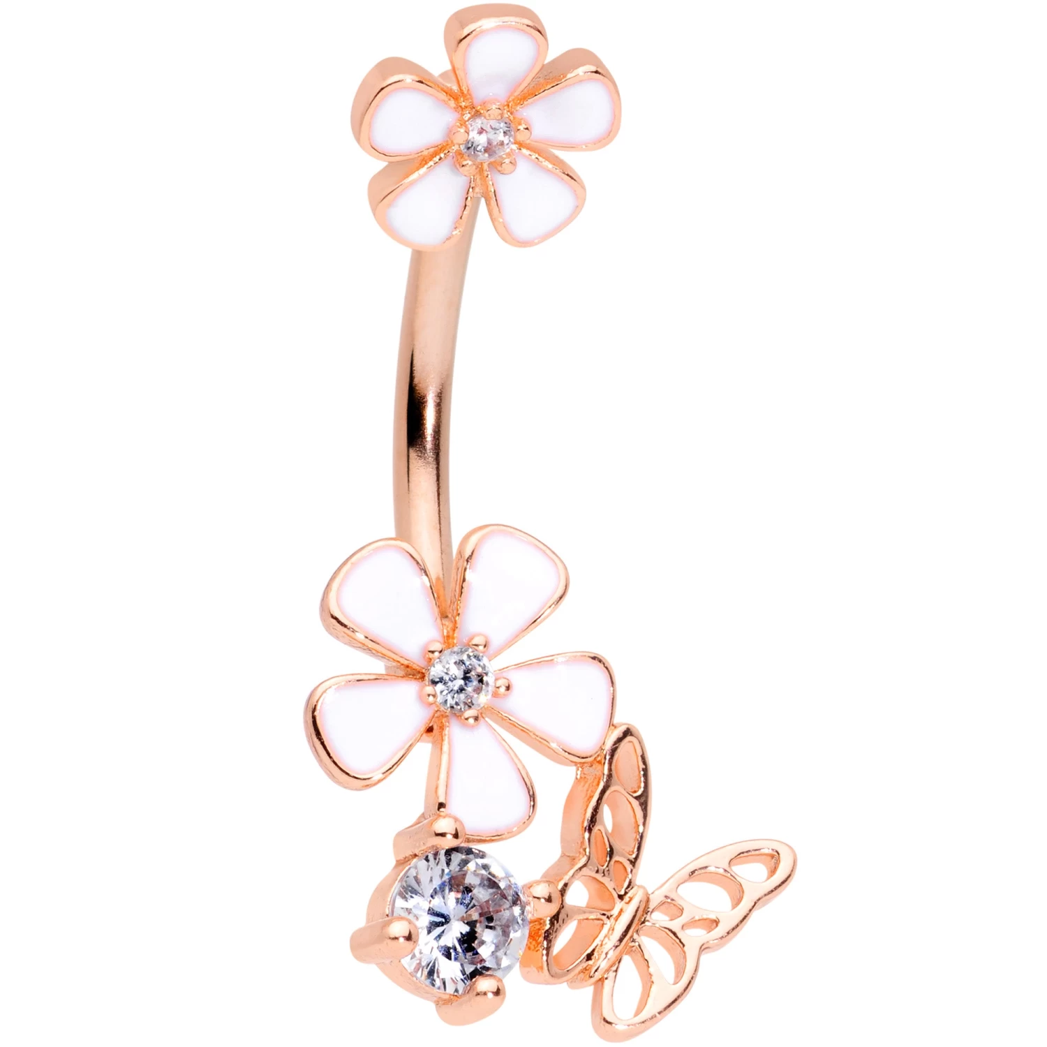 Clear CZ Gem Rose Gold Tone Butterfly Lovely Flowers Belly Ring 1 Clear CZ Gem Rose Gold Tone Butterfly Lovely Flowers Belly Ring