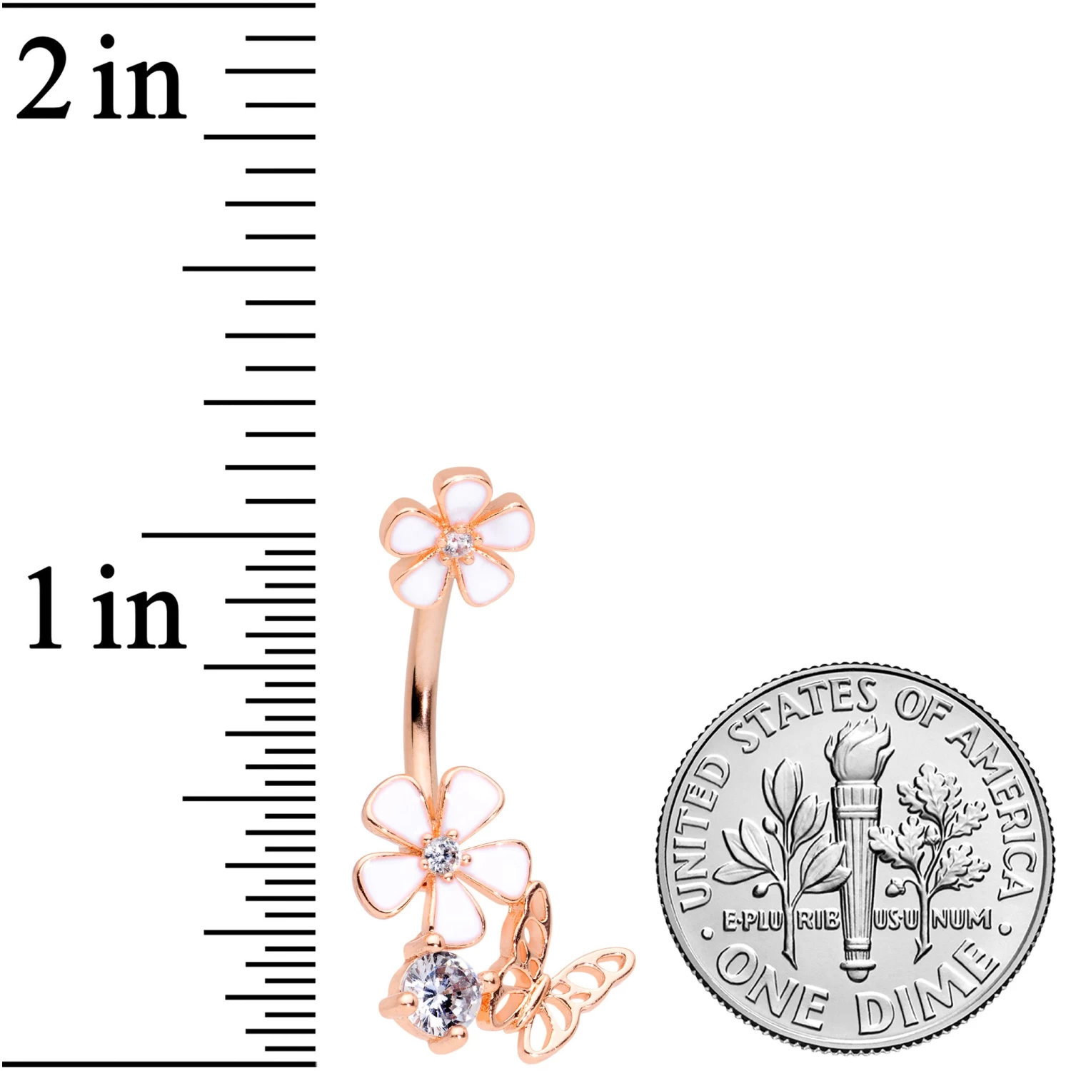 Clear CZ Gem Rose Gold Tone Butterfly Lovely Flowers Belly Ring 2 Clear CZ Gem Rose Gold Tone Butterfly Lovely Flowers Belly Ring - Image 2