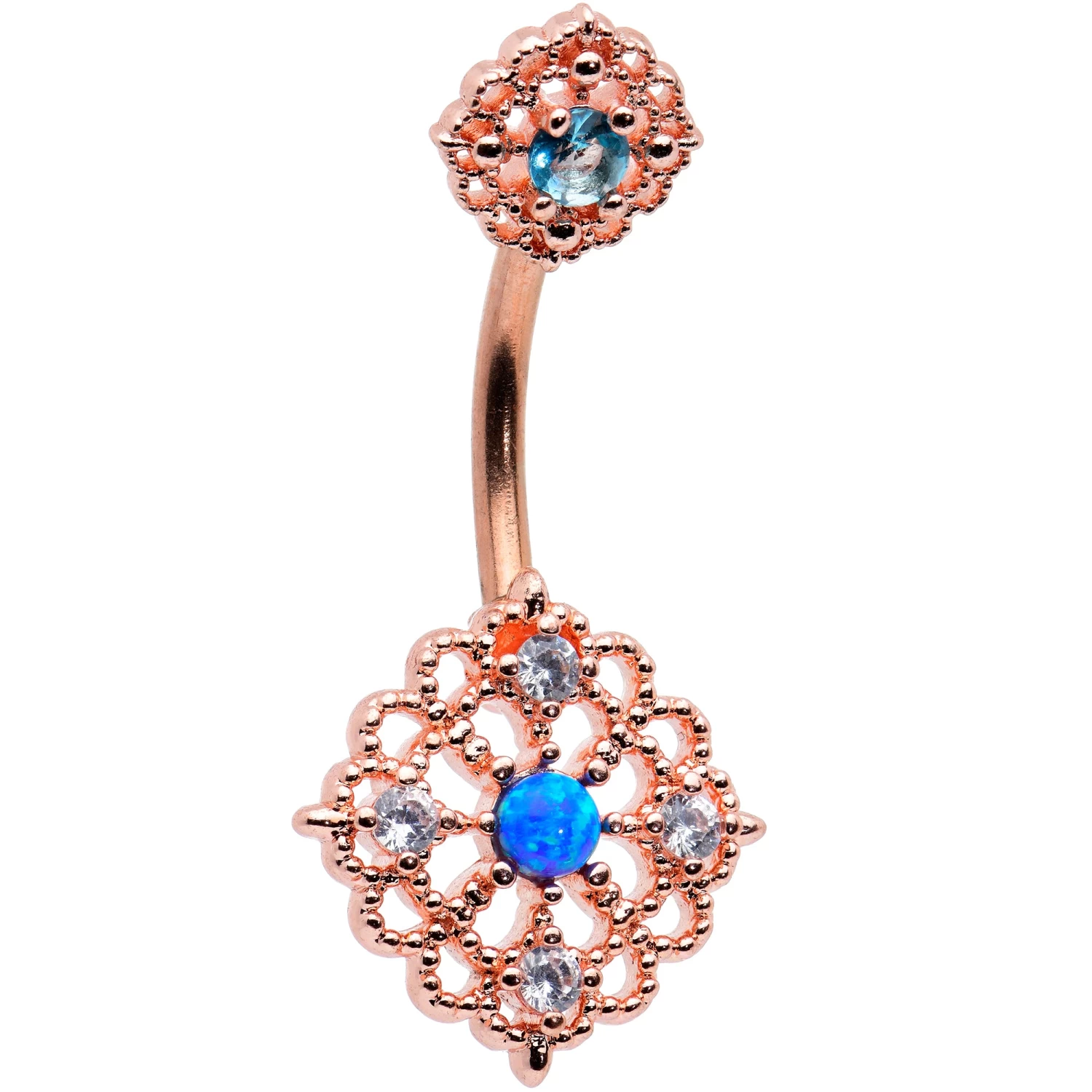 Blue Synthetic Opal Rose Gold Tone Lacy Double Mount Belly Ring 1 Blue Synthetic Opal Rose Gold Tone Lacy Double Mount Belly Ring