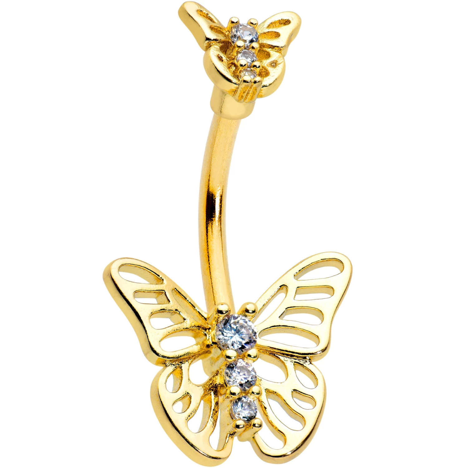 Clear CZ Gem Gold Tone Open Butterfly Double Mount Belly Ring 1 Clear CZ Gem Gold Tone Open Butterfly Double Mount Belly Ring
