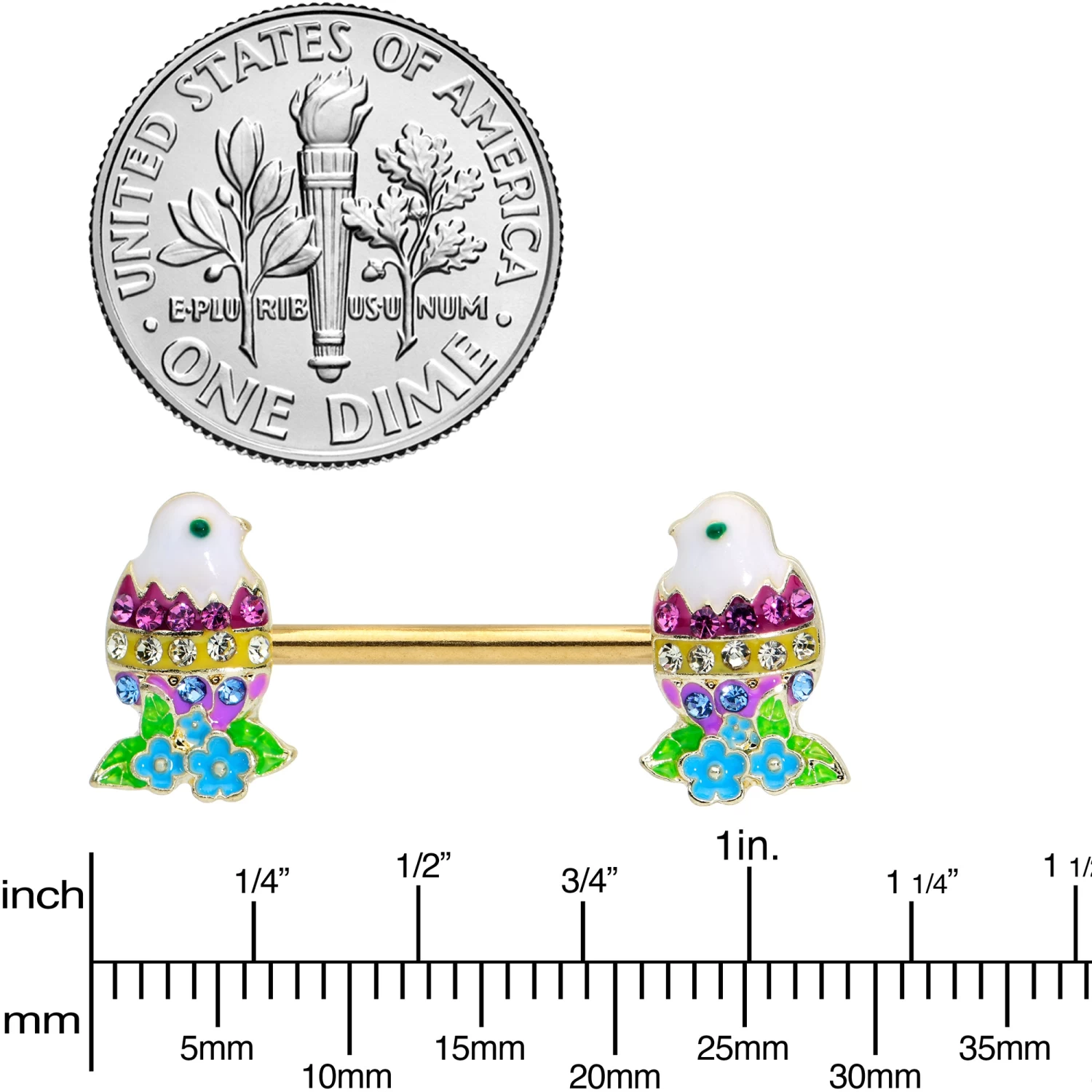 14 Gauge 9/16 Clear Blue Gem Gold Tone Easter Chick Nipple Ring Set 3 14 Gauge 9/16 Clear Blue Gem Gold Tone Easter Chick Nipple Ring Set - Image 3