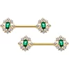14 Gauge 1/2 Clear Green Gem Gold Hue Art Deco Barbell Nipple Ring Set