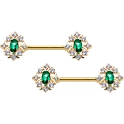 14 Gauge 1/2 Clear Green Gem Gold Hue Art Deco Barbell Nipple Ring Set