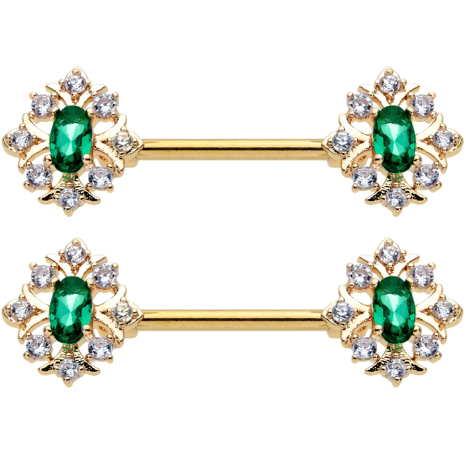 14 Gauge 1/2 Clear Green Gem Gold Hue Art Deco Barbell Nipple Ring Set 2 14 Gauge 1/2 Clear Green Gem Gold Hue Art Deco Barbell Nipple Ring Set - Image 2
