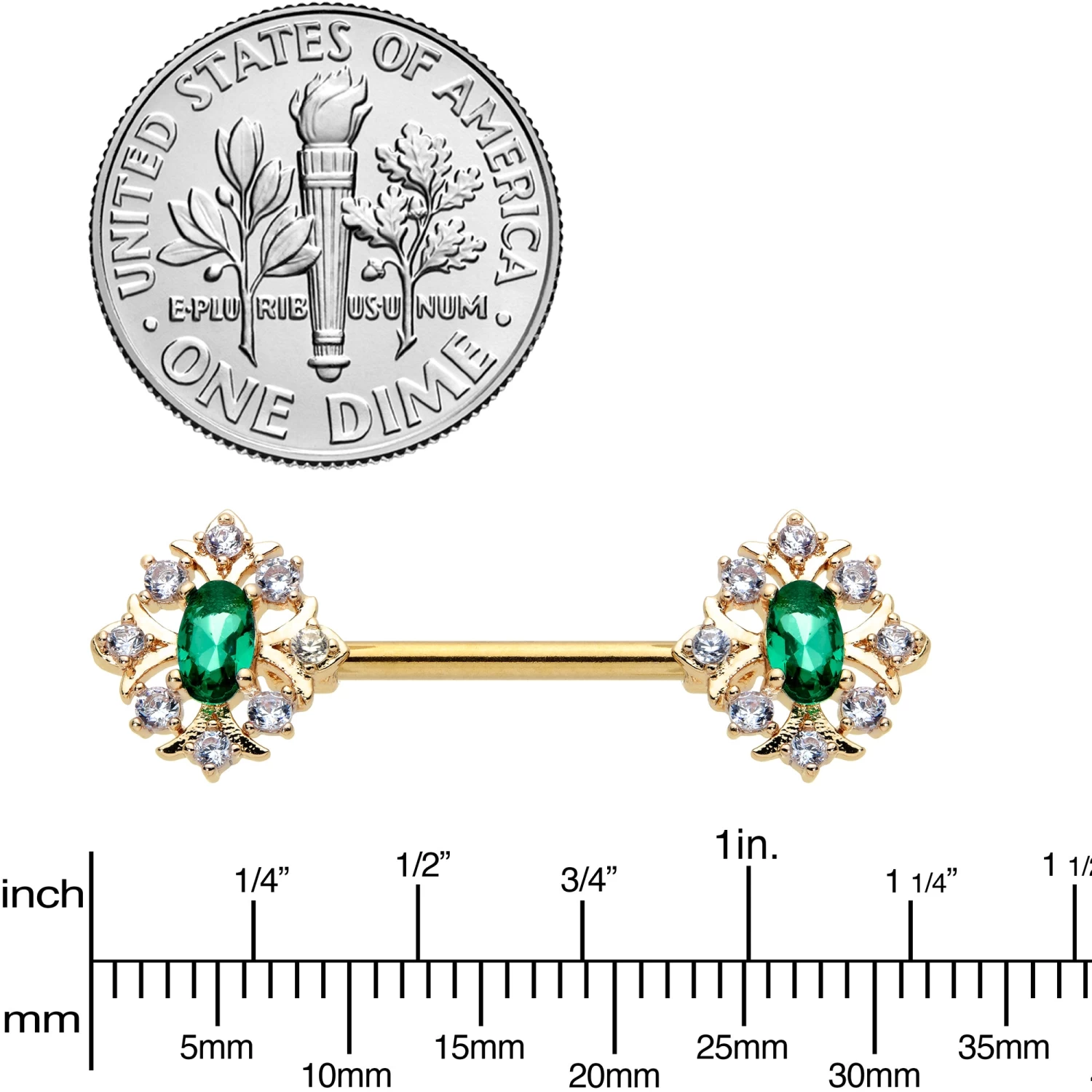 14 Gauge 1/2 Clear Green Gem Gold Hue Art Deco Barbell Nipple Ring Set 3 14 Gauge 1/2 Clear Green Gem Gold Hue Art Deco Barbell Nipple Ring Set - Image 3