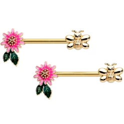 14 Gauge 1/2 Gold Tone Pink Flower Butterfly Barbell Nipple Ring Set