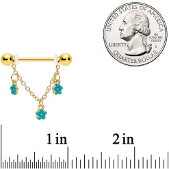 14 Gauge 9/16 Gold Tone Blue Flowers Chain Dangle Nipple Ring Set -Body Jewelry Store 72533.otherimage2