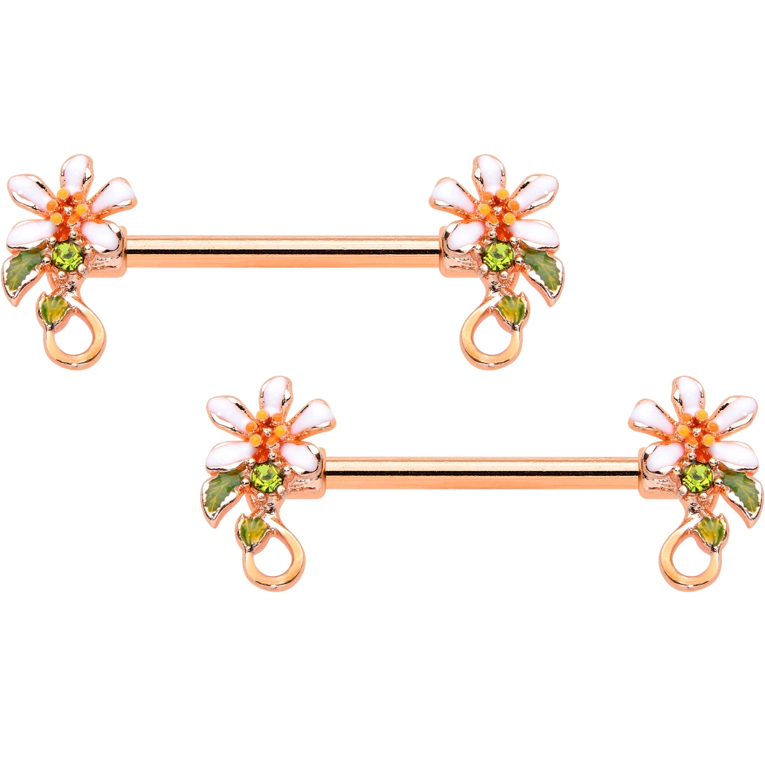 14 Gauge 9/16 Green Gem Rose Gold Tone Orange Flower Nipple Ring Set 1 14 Gauge 9/16 Green Gem Rose Gold Tone Orange Flower Nipple Ring Set