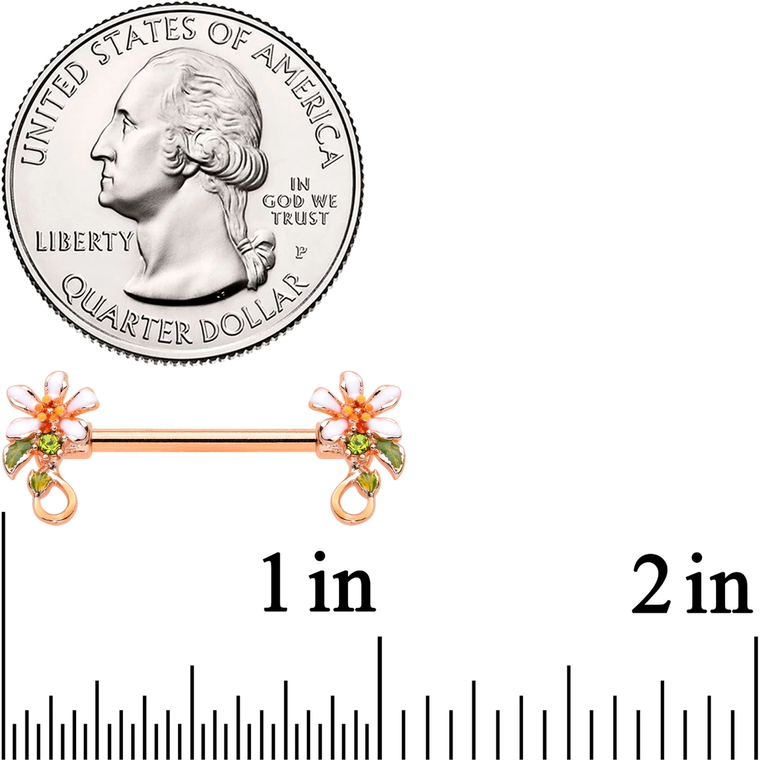 14 Gauge 9/16 Green Gem Rose Gold Tone Orange Flower Nipple Ring Set 3 14 Gauge 9/16 Green Gem Rose Gold Tone Orange Flower Nipple Ring Set - Image 3