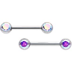 14 Gauge 1/2 Aurora CZ Gem G23 Titanium Threadless Nipple Ring Set