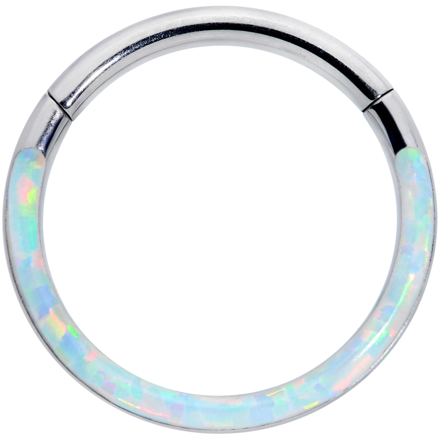 16 Gauge 3/8 White Synthetic Opal Implant Grade Titanium Segment Ring 1 16 Gauge 3/8 White Synthetic Opal Implant Grade Titanium Segment Ring