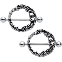 14 Gauge 3/4 Clear Gem Face Crescent Moon Nipple Shield Set