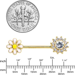 14 Gauge 9/16 Clear Gem Gold Tone Sun Daisy Flower Nipple Ring Set -Body Jewelry Store 72906.otherimage2