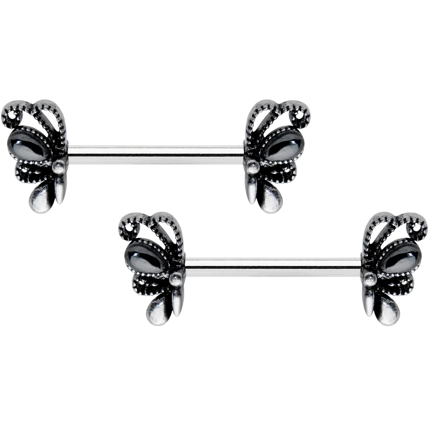 14 Gauge 1/2 Black Gem Abstract Bow Barbell Nipple Ring Set 1 14 Gauge 1/2 Black Gem Abstract Bow Barbell Nipple Ring Set