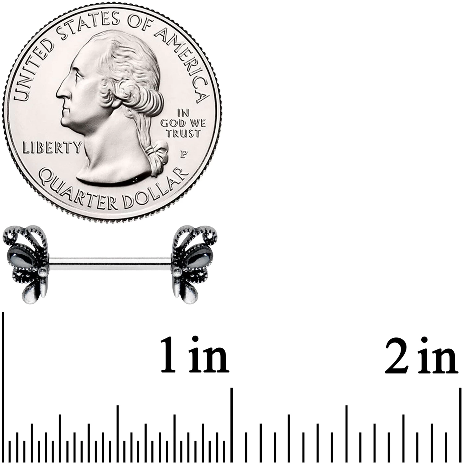 14 Gauge 1/2 Black Gem Abstract Bow Barbell Nipple Ring Set 2 14 Gauge 1/2 Black Gem Abstract Bow Barbell Nipple Ring Set - Image 2