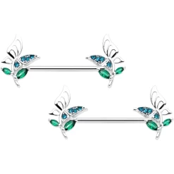 Gaby 14 Gauge 9/16 Blue Green Gem Floral Butterfly Nipple Ring Set