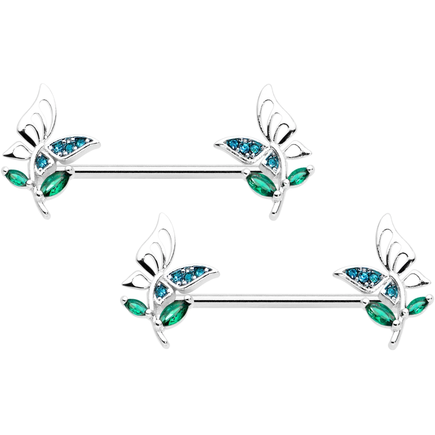 Gaby 14 Gauge 9/16 Blue Green Gem Floral Butterfly Nipple Ring Set 1 Gaby 14 Gauge 9/16 Blue Green Gem Floral Butterfly Nipple Ring Set