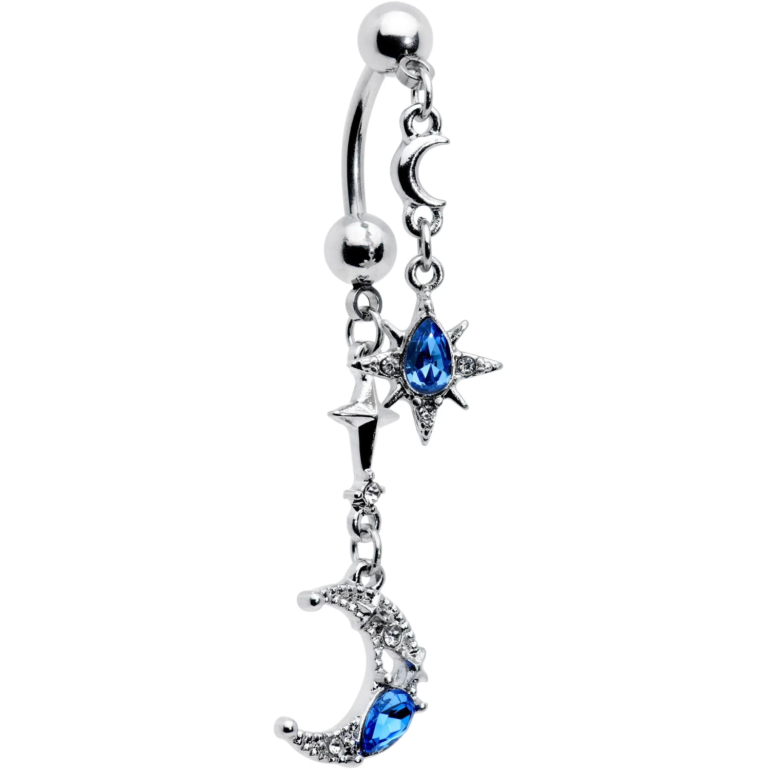 Clear Blue Gem Crescent Moon Star Double Mount Dangle Belly Ring 1 Clear Blue Gem Crescent Moon Star Double Mount Dangle Belly Ring