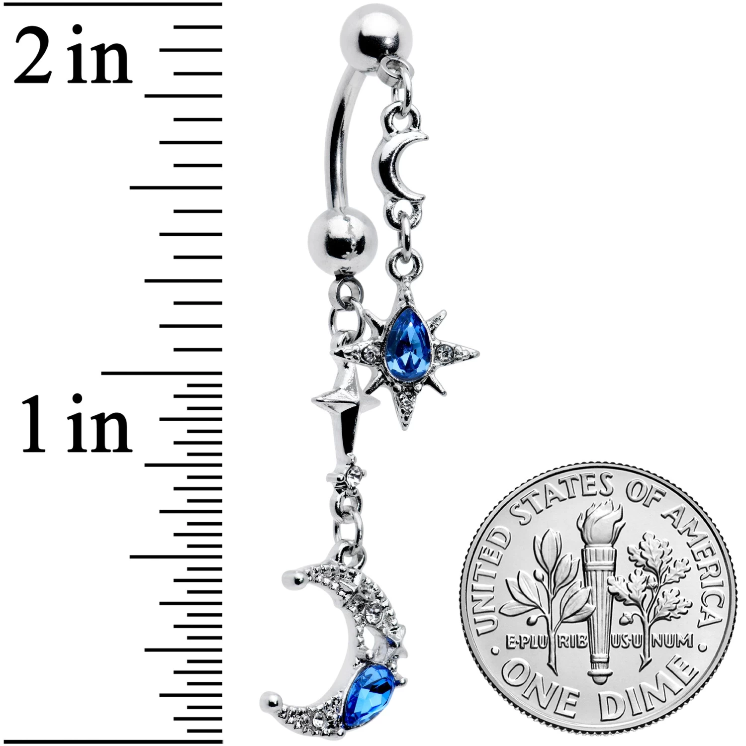 Clear Blue Gem Crescent Moon Star Double Mount Dangle Belly Ring 2 Clear Blue Gem Crescent Moon Star Double Mount Dangle Belly Ring - Image 2