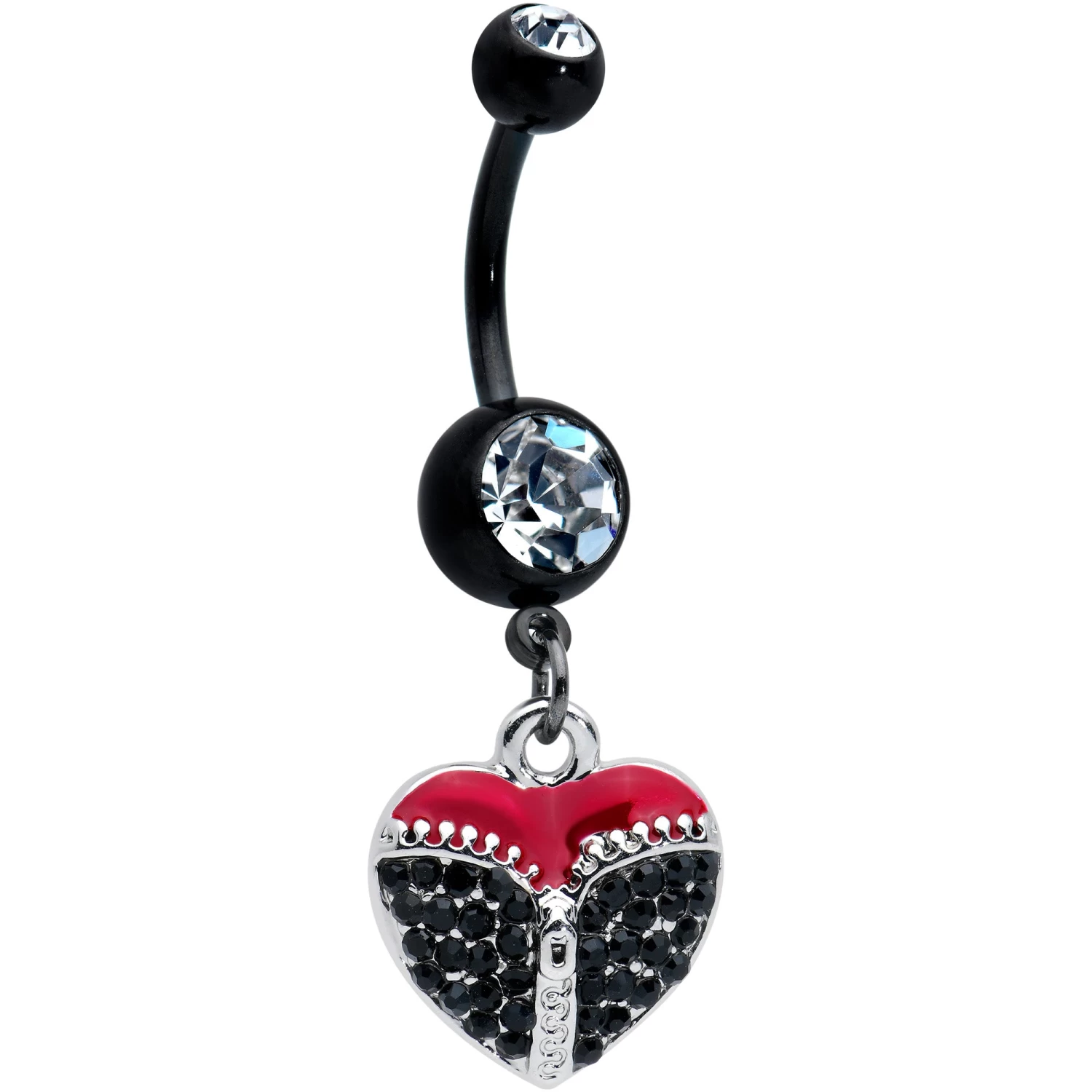 Clear Black CZ Gem Black Get Unzipped Heart Valentines Day Belly Ring 1 Clear Black CZ Gem Black Get Unzipped Heart Valentines Day Belly Ring