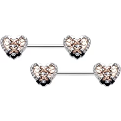 14 Gauge 9/16 Clear Gem Tie Me Up Corset Heart Barbell Nipple Ring Set