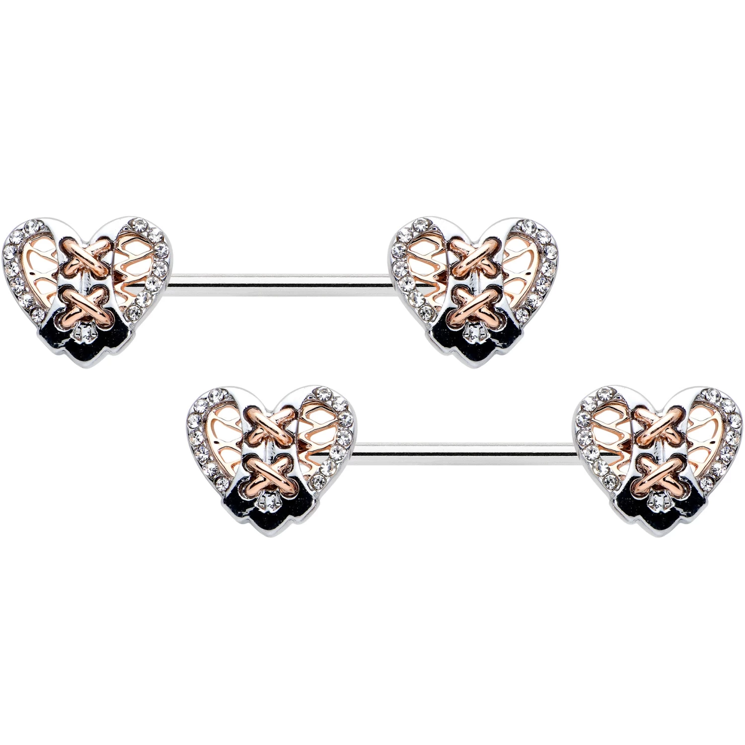 14 Gauge 9/16 Clear Gem Tie Me Up Corset Heart Barbell Nipple Ring Set 1 14 Gauge 9/16 Clear Gem Tie Me Up Corset Heart Barbell Nipple Ring Set