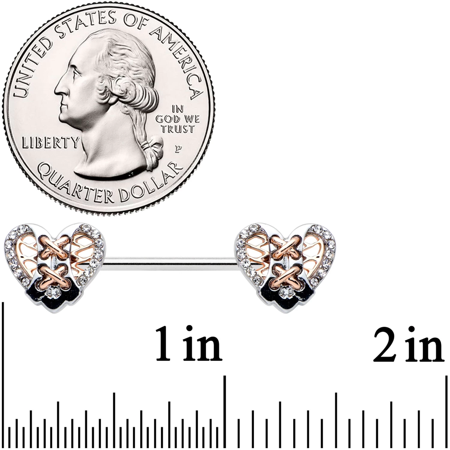 14 Gauge 9/16 Clear Gem Tie Me Up Corset Heart Barbell Nipple Ring Set 2 14 Gauge 9/16 Clear Gem Tie Me Up Corset Heart Barbell Nipple Ring Set - Image 2