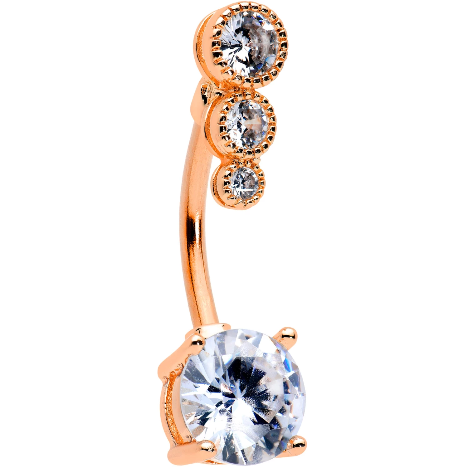 Gaby Clear CZ Gem Rose Gold Tone Triple Drop Round Belly Ring 1 Gaby Clear CZ Gem Rose Gold Tone Triple Drop Round Belly Ring