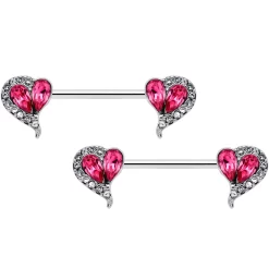 Gaby 14 Gauge 9/16 Clear Pink Gem Curve Heart Valentines Nipple Ring Set