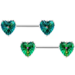 Gaby 14 Gauge 9/16 Green CZ Gem Heart Valentines Day Nipple Ring Set