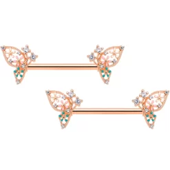 Gaby 14 Gauge 9/16 Clear CZ Gem Rose Gold Hue Butterfly Nipple Ring Set