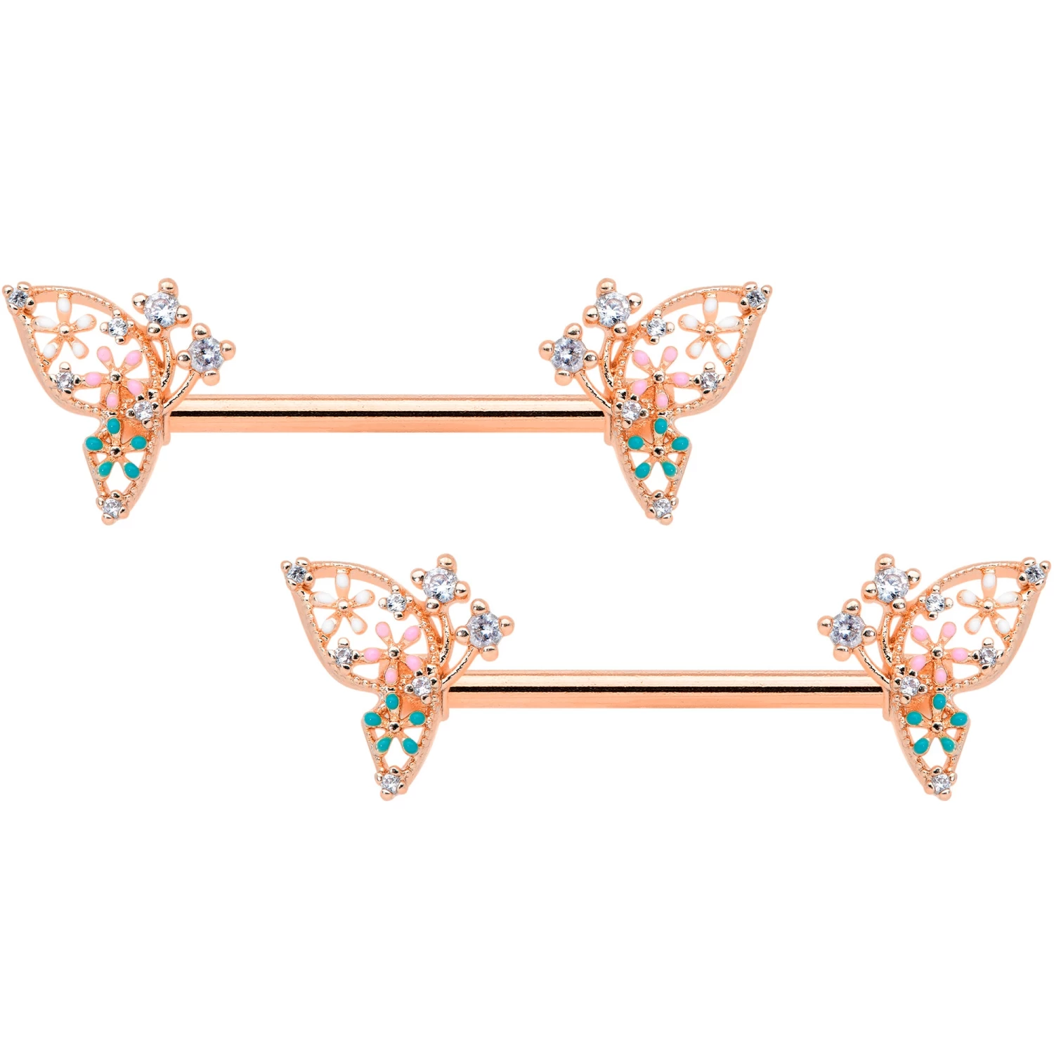 Gaby 14 Gauge 9/16 Clear CZ Gem Rose Gold Hue Butterfly Nipple Ring Set 1 Gaby 14 Gauge 9/16 Clear CZ Gem Rose Gold Hue Butterfly Nipple Ring Set