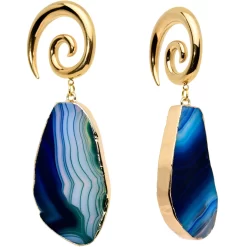 2 Gauge Gold Tone Blue Marble Onyx Stone Spiral Taper Ear Weights