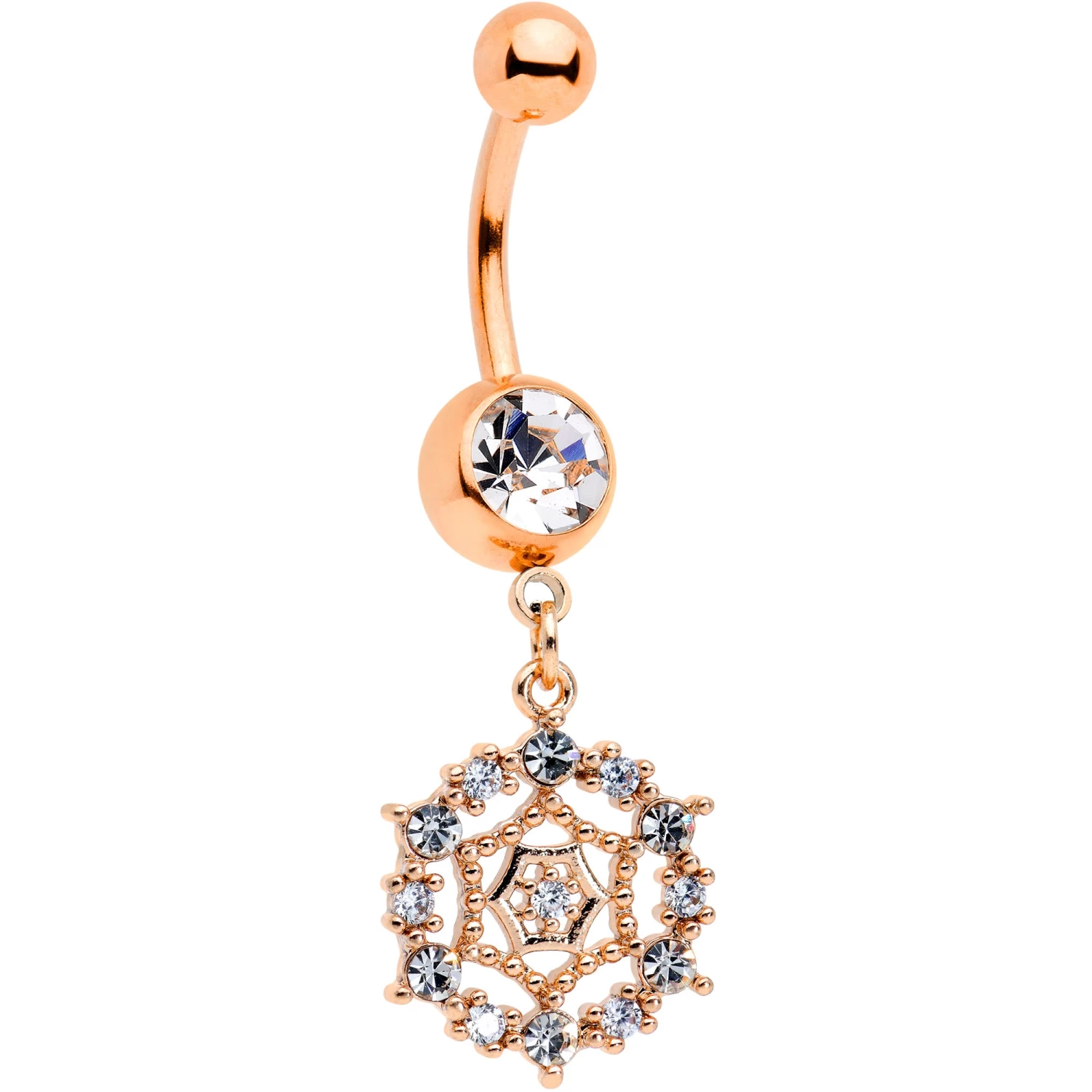Clear CZ Gem Rose Gold Tone Geometric Web Dangle Belly Ring 1 Clear CZ Gem Rose Gold Tone Geometric Web Dangle Belly Ring