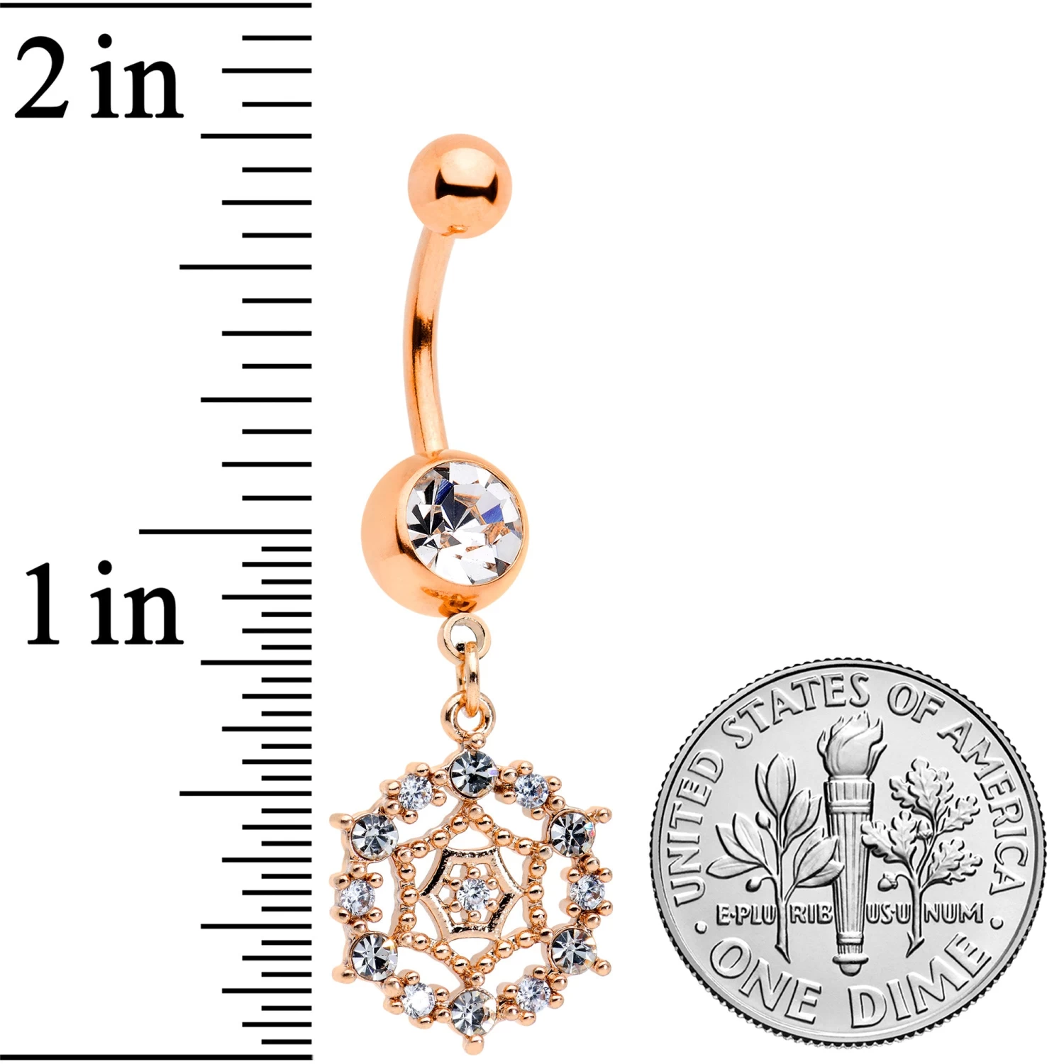 Clear CZ Gem Rose Gold Tone Geometric Web Dangle Belly Ring 2 Clear CZ Gem Rose Gold Tone Geometric Web Dangle Belly Ring - Image 2