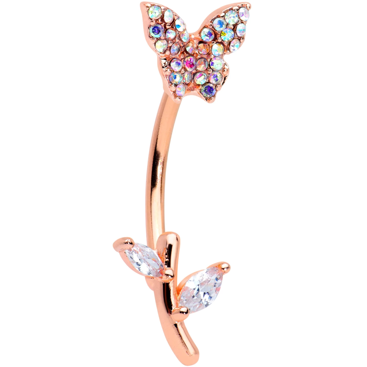 Gaby Aurora CZ Gem Rose Gold Tone Butterfly Branch Top Mount Belly Ring 1 Gaby Aurora CZ Gem Rose Gold Tone Butterfly Branch Top Mount Belly Ring