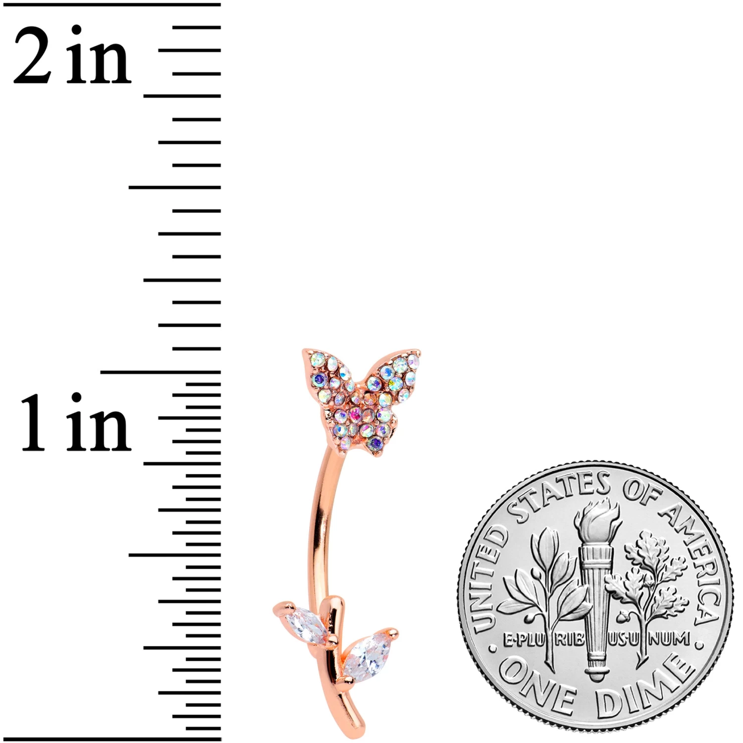 Gaby Aurora CZ Gem Rose Gold Tone Butterfly Branch Top Mount Belly Ring 2 Gaby Aurora CZ Gem Rose Gold Tone Butterfly Branch Top Mount Belly Ring - Image 2
