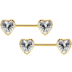 Gaby 14 Gauge 9/16 Clear CZ Gold Tone Heart Love Valentine Nipple Ring Set